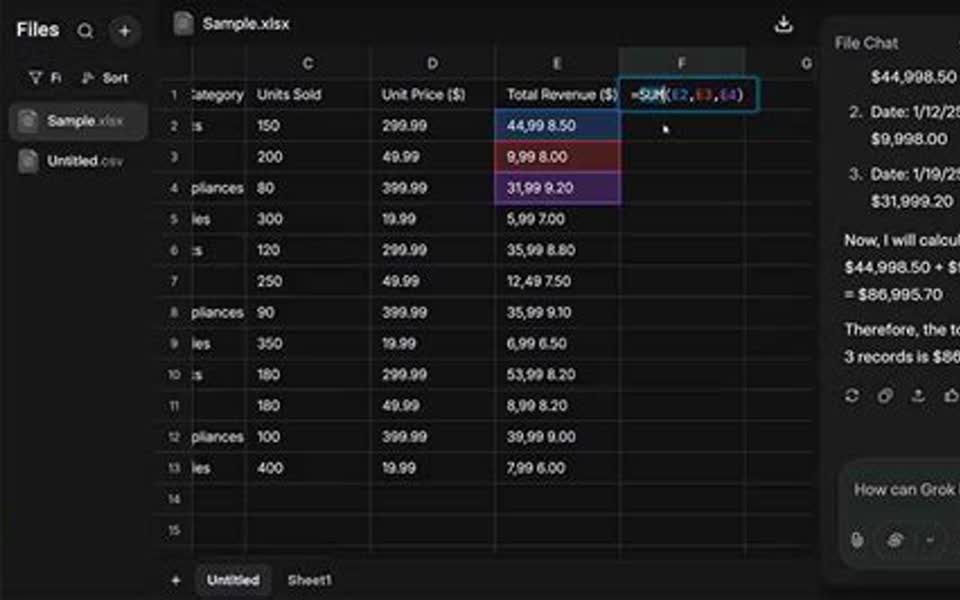 Grok spreadsheet editor with Sample.xlsx and formulas